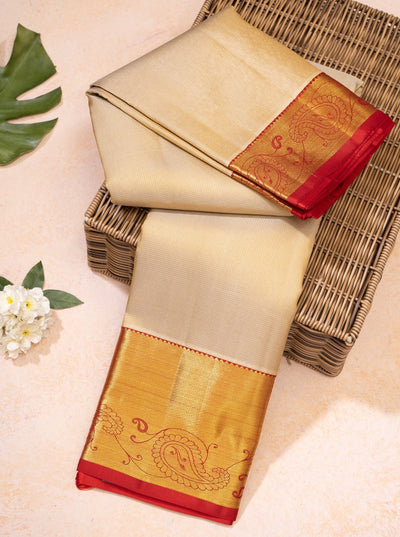Beige Gold and Red Muthu Zari Self Pure Kanchipuram Silk Sari - Clio Silks