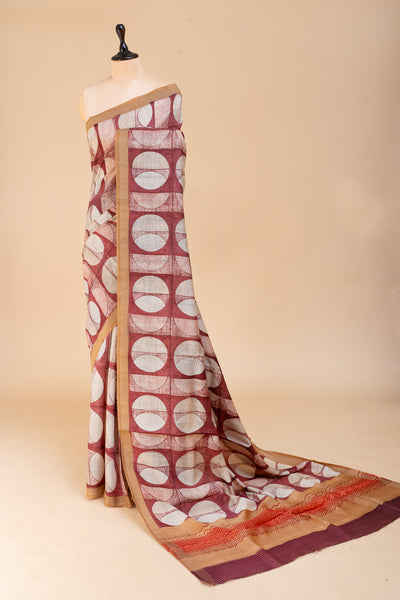 Maroon Polka Printed Pure Tussar Silk Saree