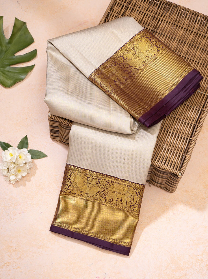 Silver and Dark Purple Muthu Zari Pure Kanchipuram Silk Saree - Clio Silks