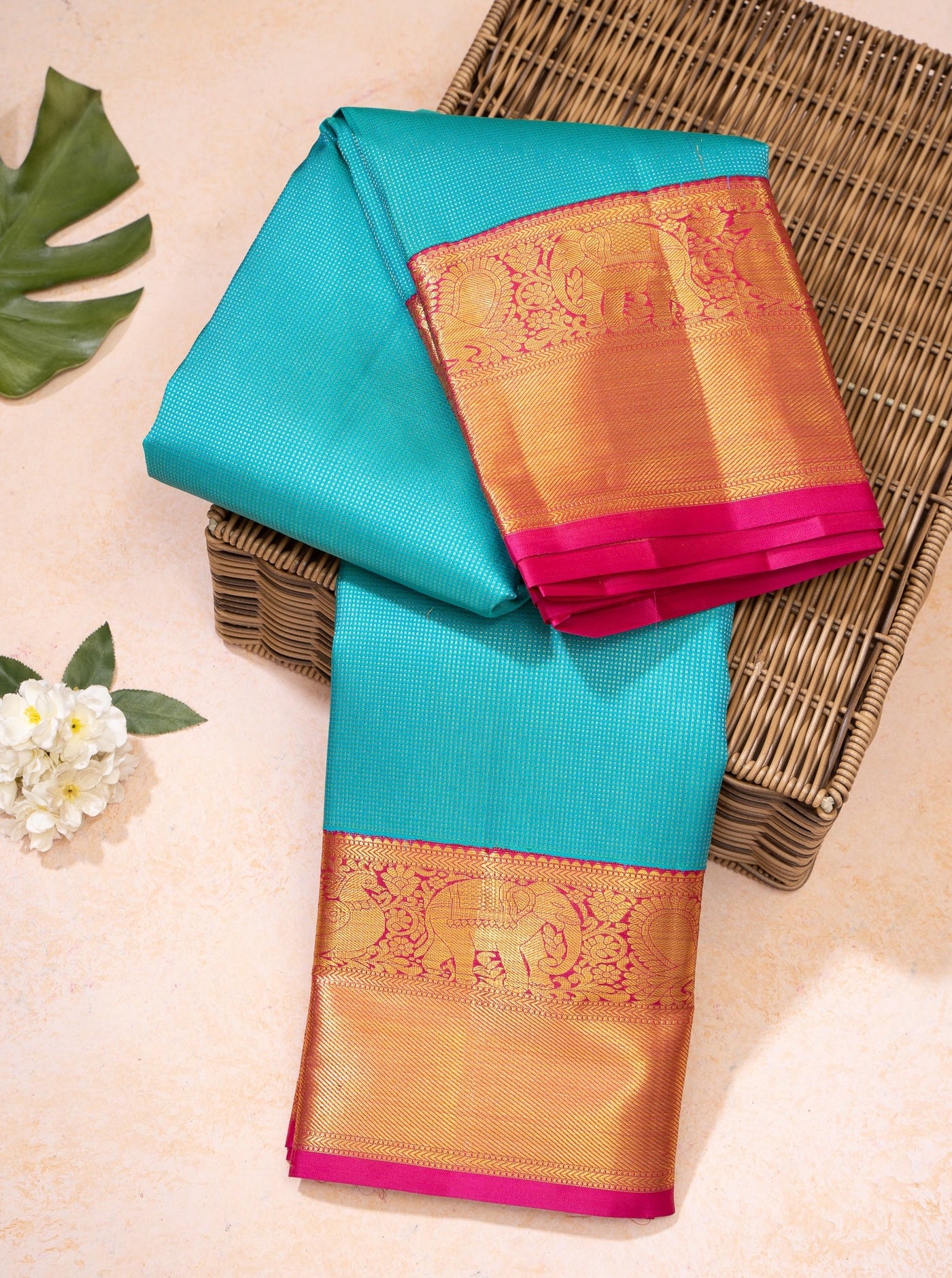 Turquoise Blue and Magenta Muthu Zari Self Pure Kanjivaram Silk Saree - Clio Silks