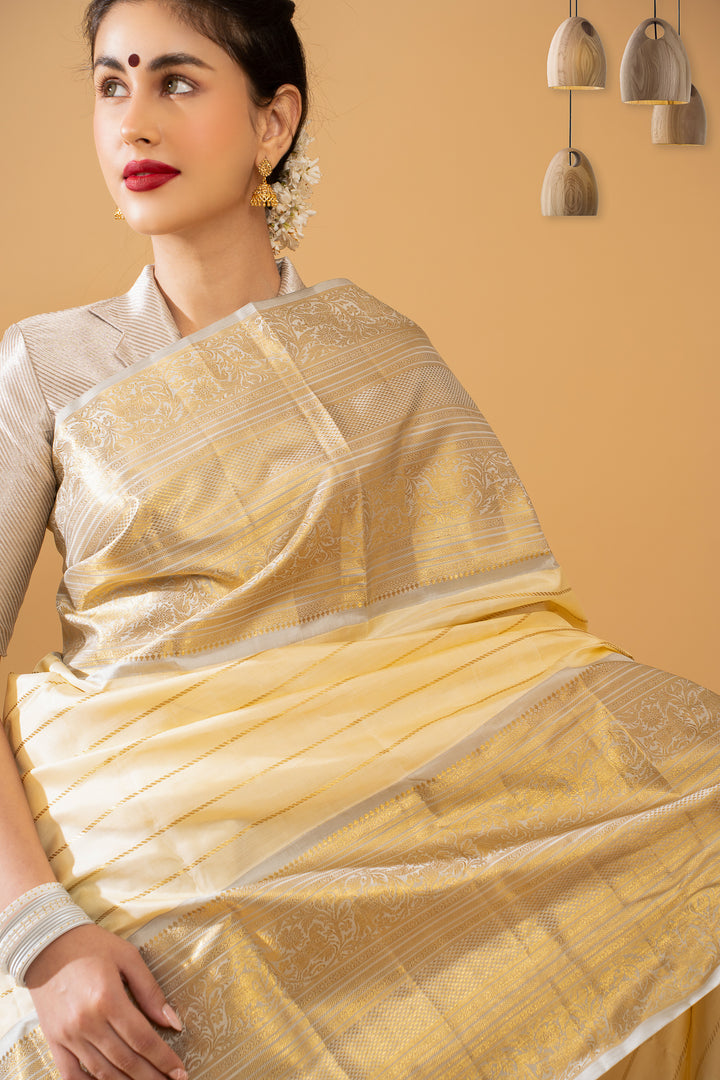 Champagne Cream and Grey Big Border Pure Kancchipuram Silk Saree - Clio Silks