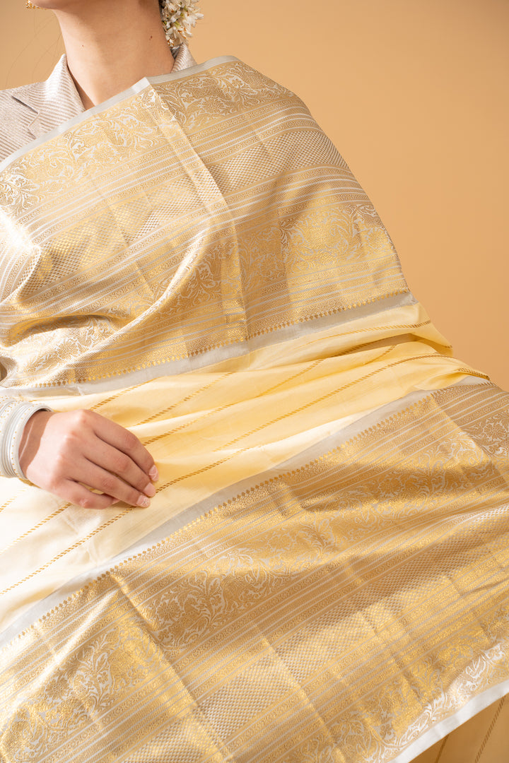 Champagne Cream and Grey Big Border Pure Kancchipuram Silk Saree - Clio Silks