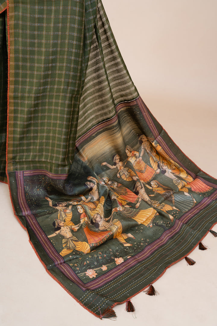 Forest Green Pure Munga Tussar Silk Saree