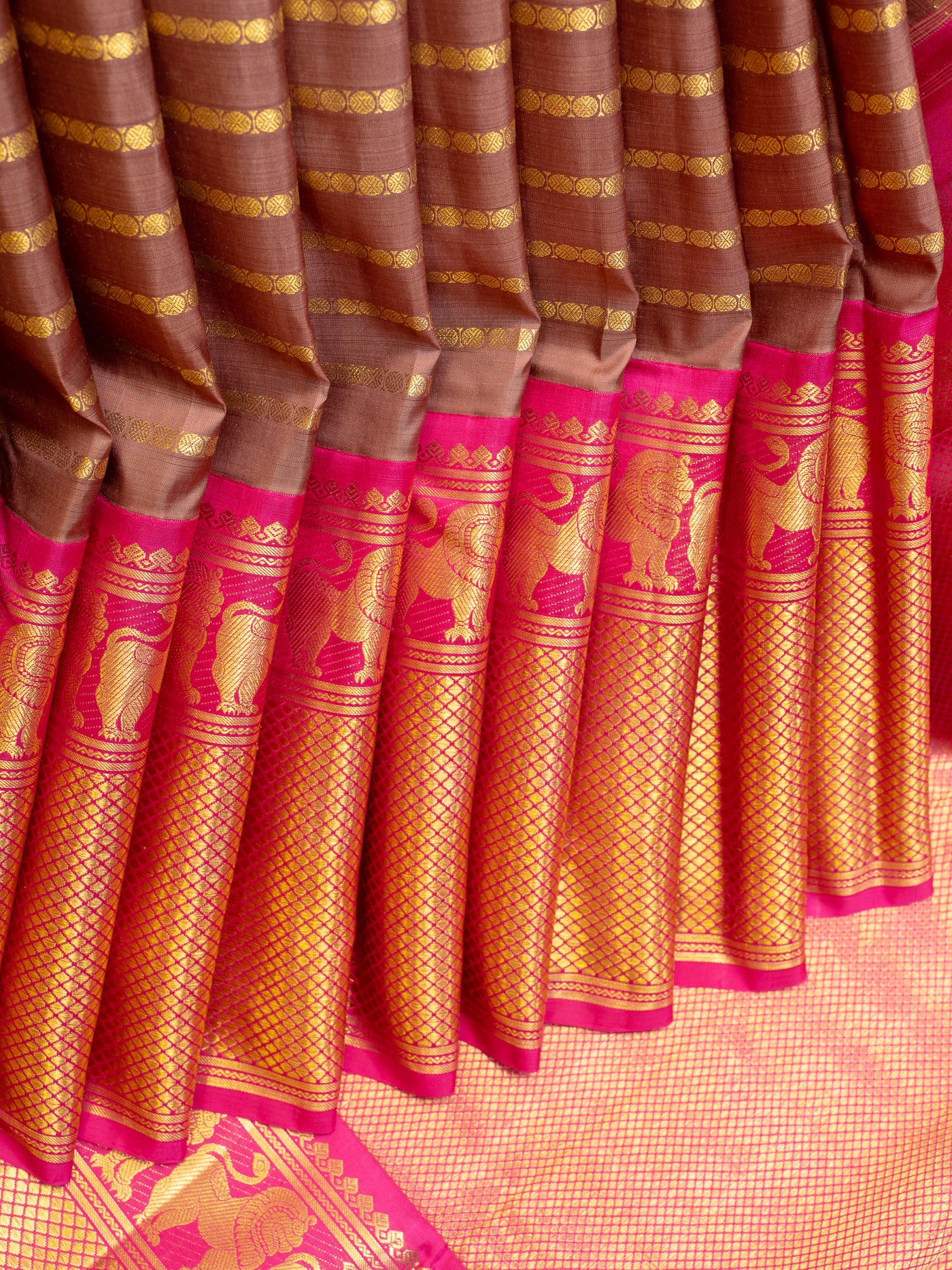 Brown and Magenta Stripes Big Border Pure Kanjivaram Silk Saree