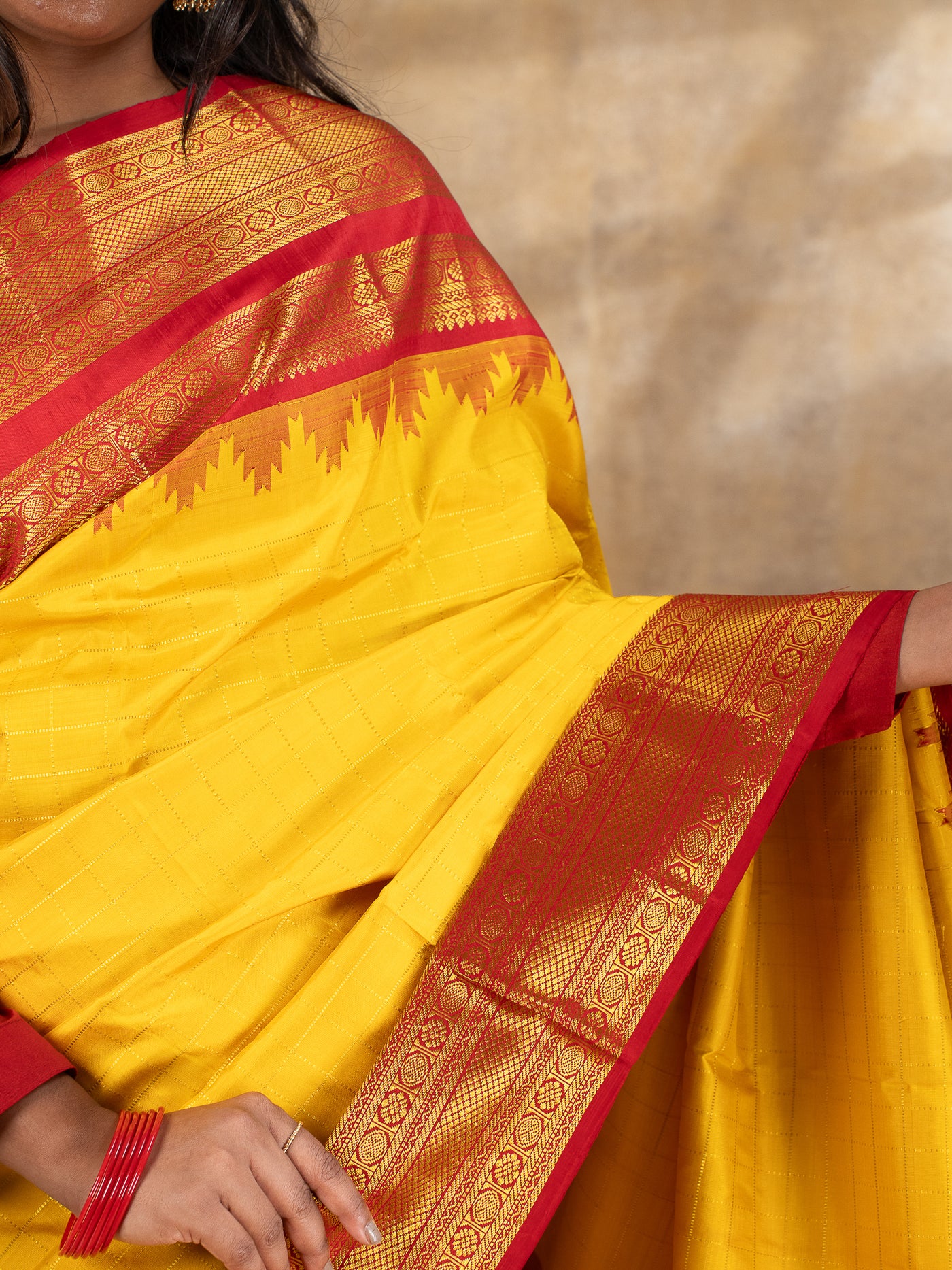 Yellow and  Red Pure Kanchipuram Silk Saree