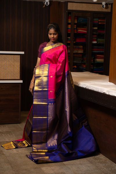 Rani Pink and Navy Blue Traditional Pure Kanjivaram Silk Saree - Clio Silks
