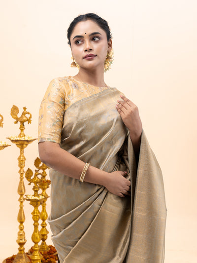 Celadon Gold Paisley Brocade Pure Zari Kanchipuram Silk Saree