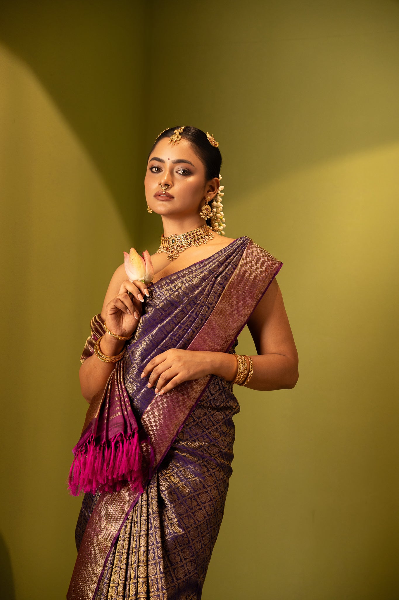 A woman gracefully wearing a Clio Silks Kanchipuram silk saree from the Eternal Saree Collection, showcasing intricate handwoven patterns and vibrant colors.