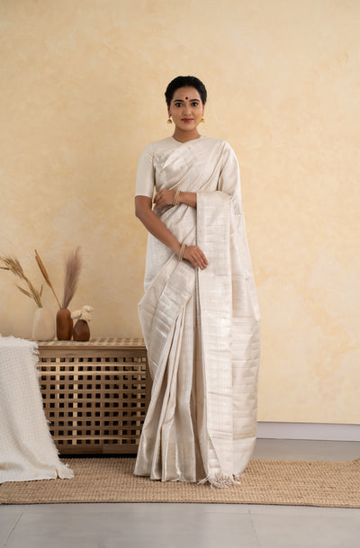 Ivory and Silver Brocade Pure Kanchipuram Silk Saree - Clio Silks