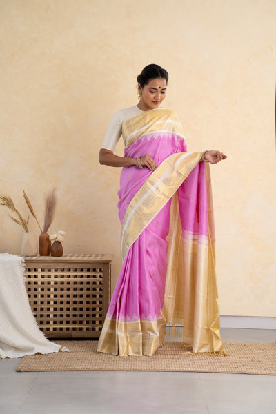 Lilac Pink and Ivory Pure Kanchipuram Silk Saree - Clio Silks