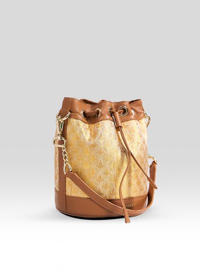 Yanay Kanchi Tissue Potli Bag Gold & Tan - Clio Silks