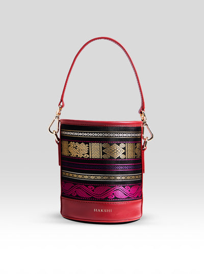 Adhya Pure Zari Bucket Bag Black & Red - Clio Silks