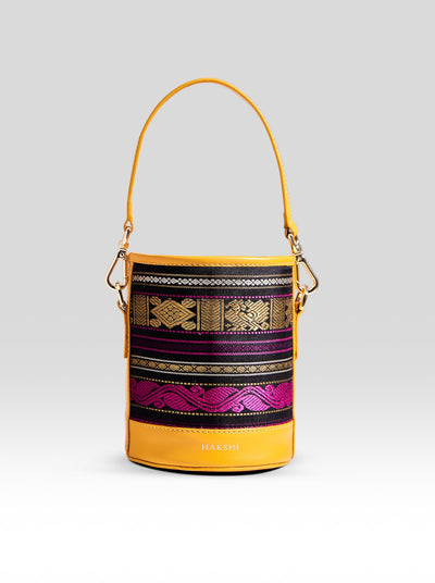 Adhya Pure Zari Bucket Bag Black & Yellow - Clio Silks