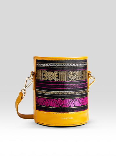 Adhya Pure Zari Bucket Bag Black & Yellow - Clio Silks