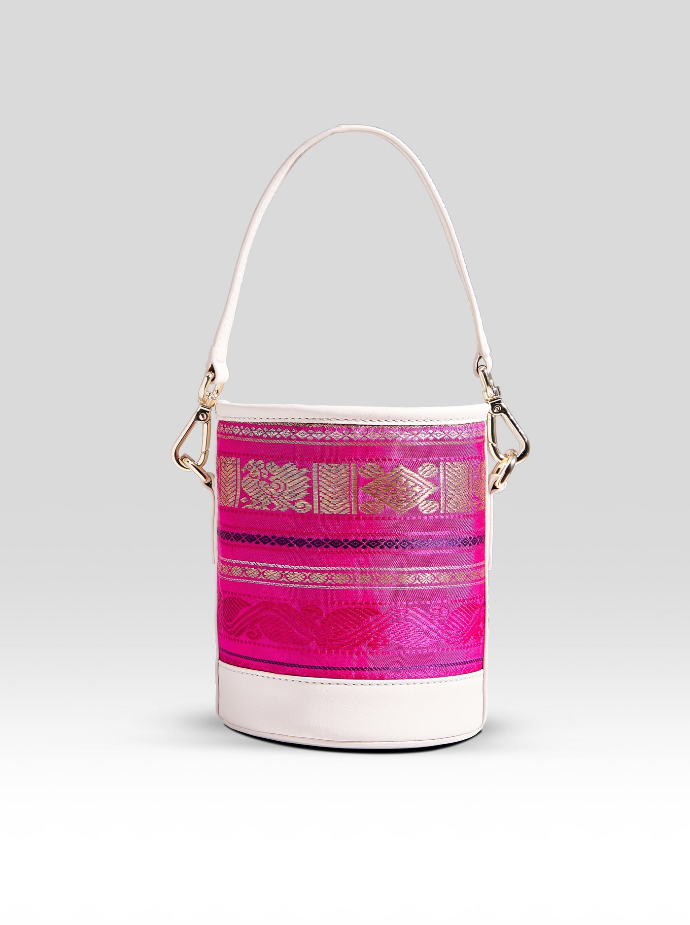 Adhya Pure Zari Bucket Bag Rani Pink & Ivory - Clio Silks