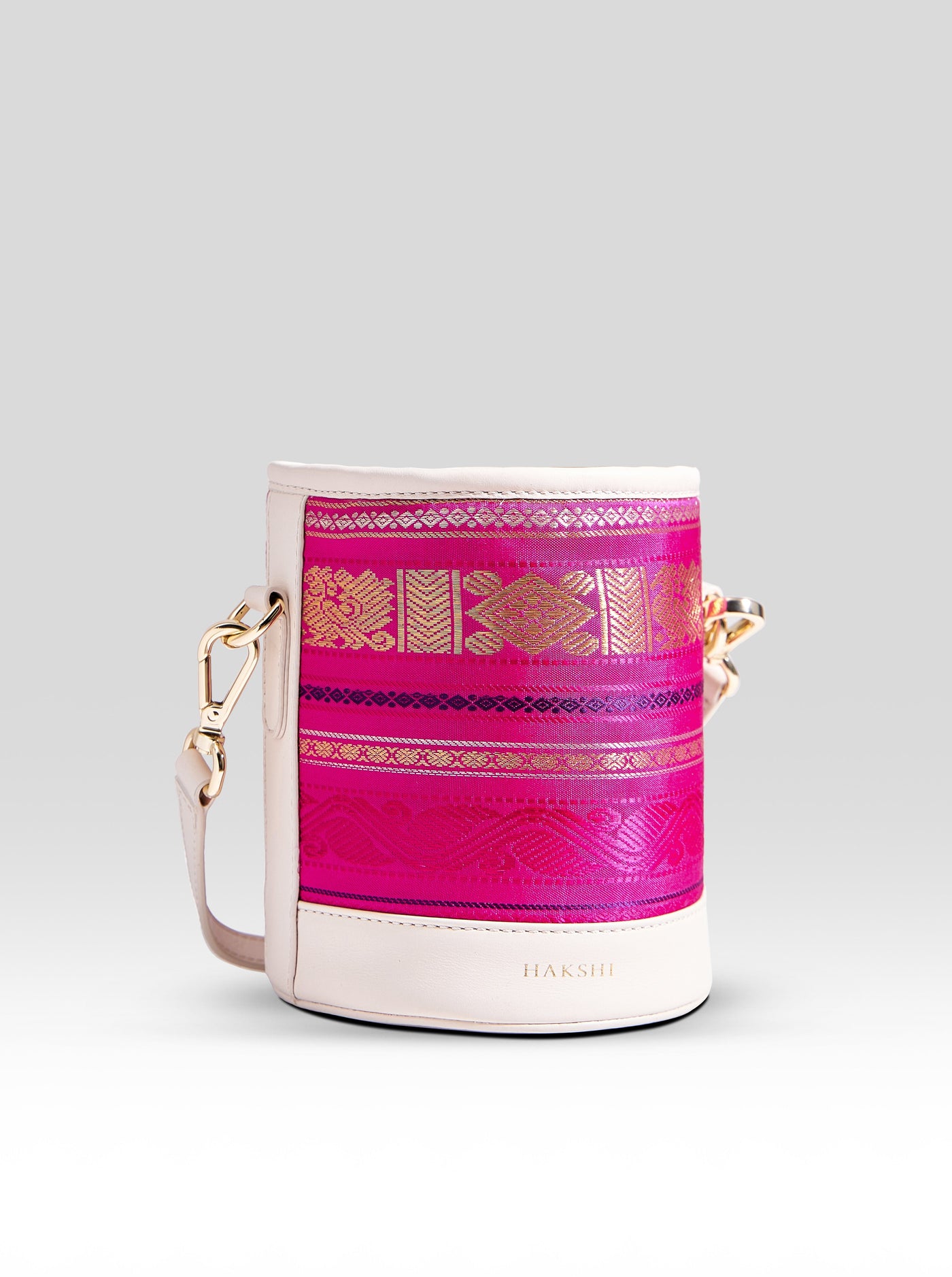 Adhya Pure Zari Bucket Bag Rani Pink & Ivory - Clio Silks