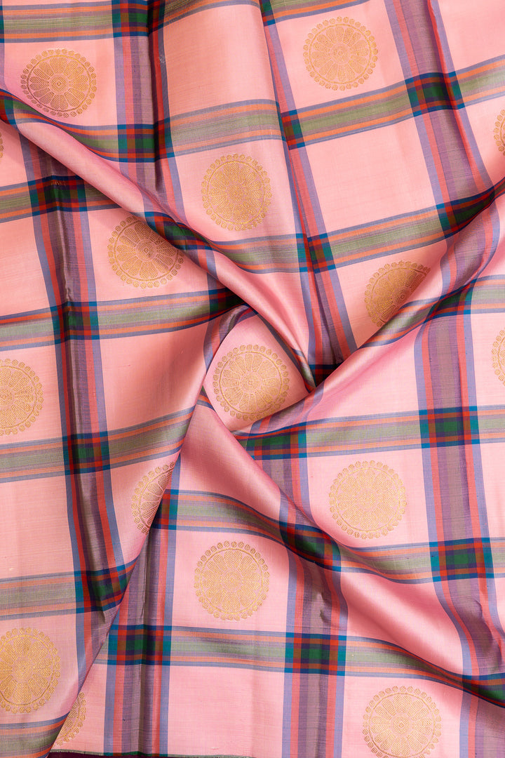 Pink and brown vintage checks pure Kanchipuram silk saree