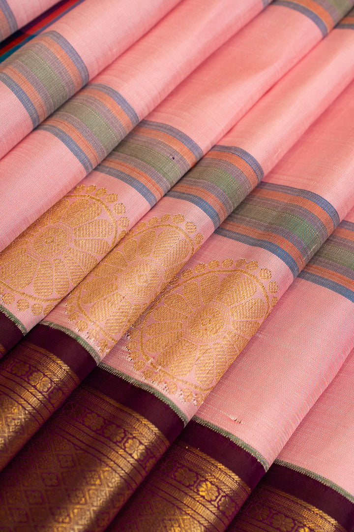 Pink and brown vintage checks pure Kanchipuram silk saree