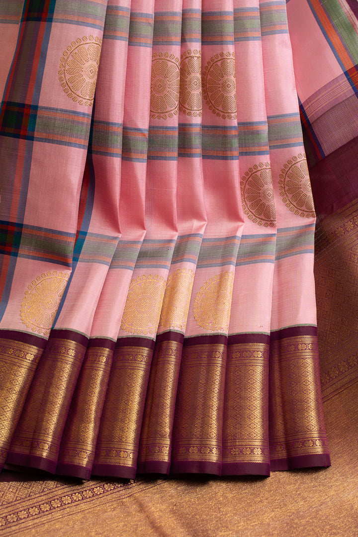 Pink and brown vintage checks pure Kanchipuram silk saree