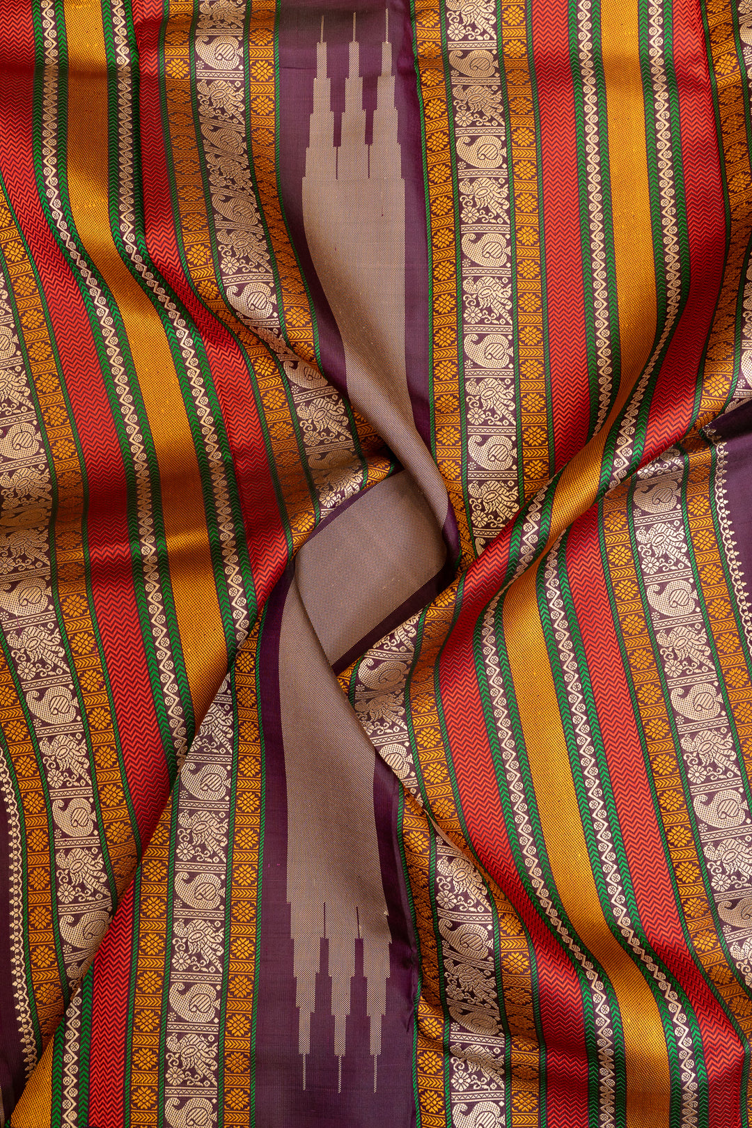 Yellow and brown threadwork Kanchipuram silk saree