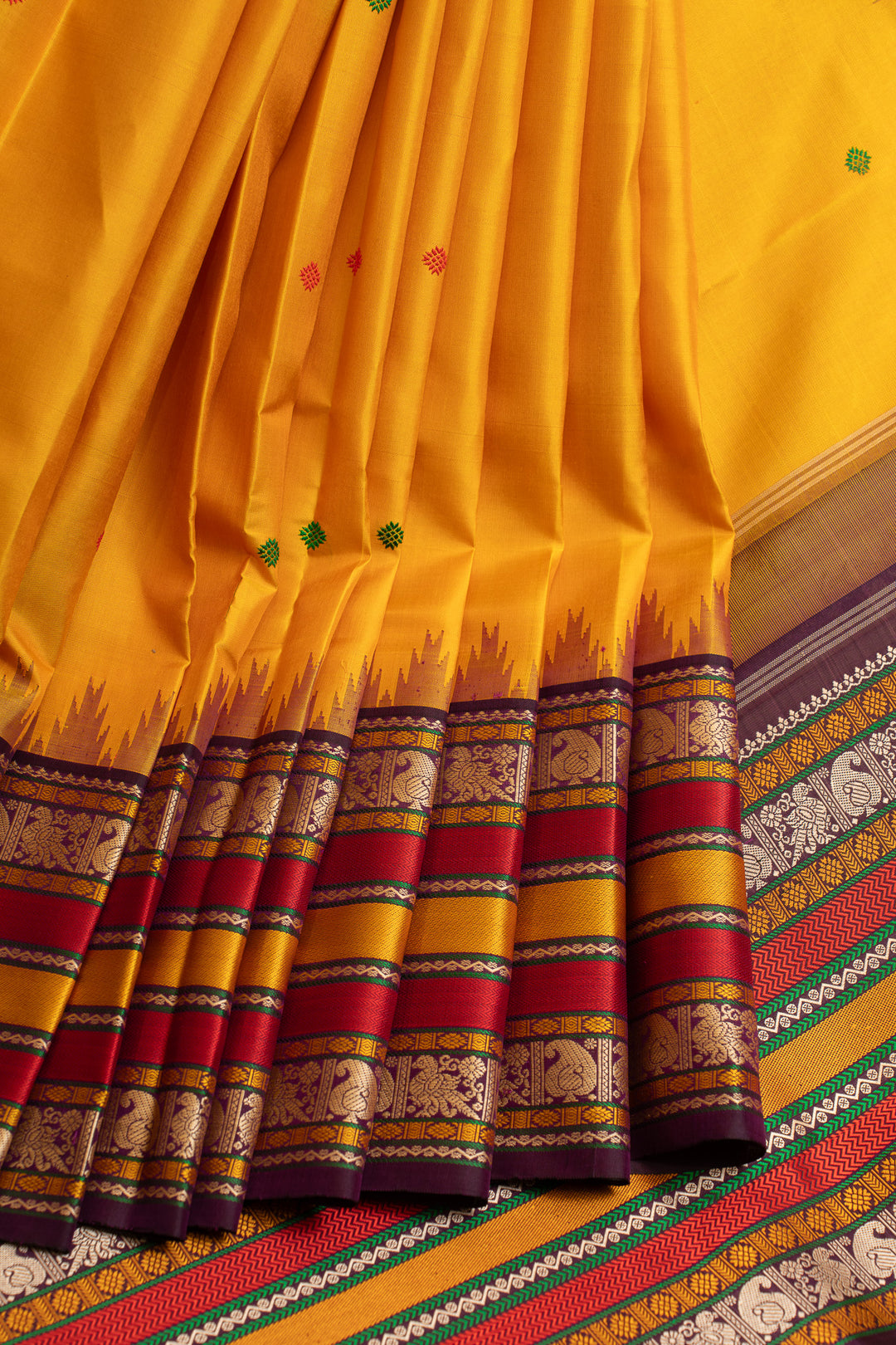 Yellow and brown threadwork Kanchipuram silk saree