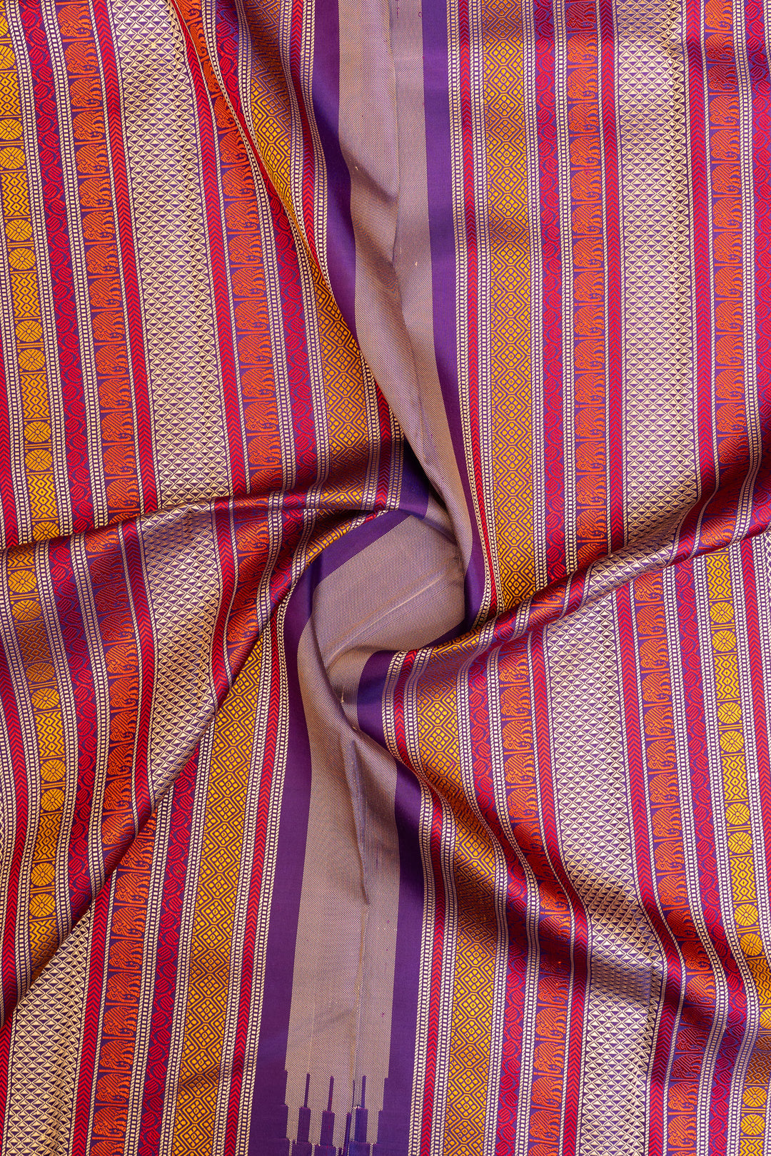 Mustard yellow and purple threadwork Kanchipuram silk saree