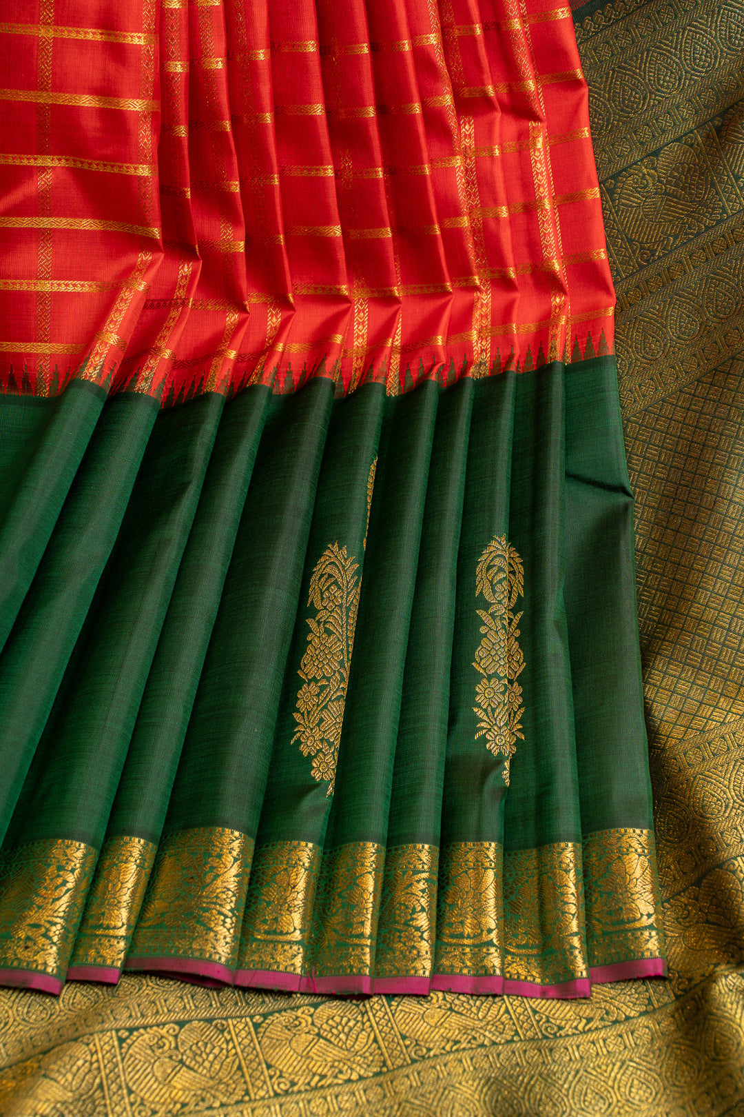 Red and green traditional pure Kanchipuram silk saree