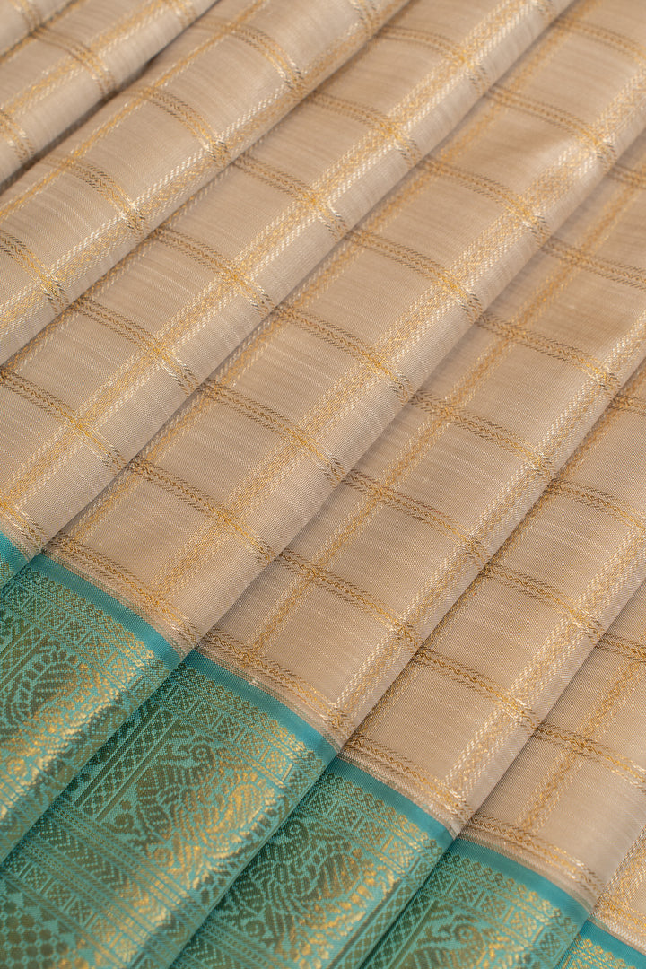 Grey checks and turquoise blue pure zari Kanchipuram silk saree