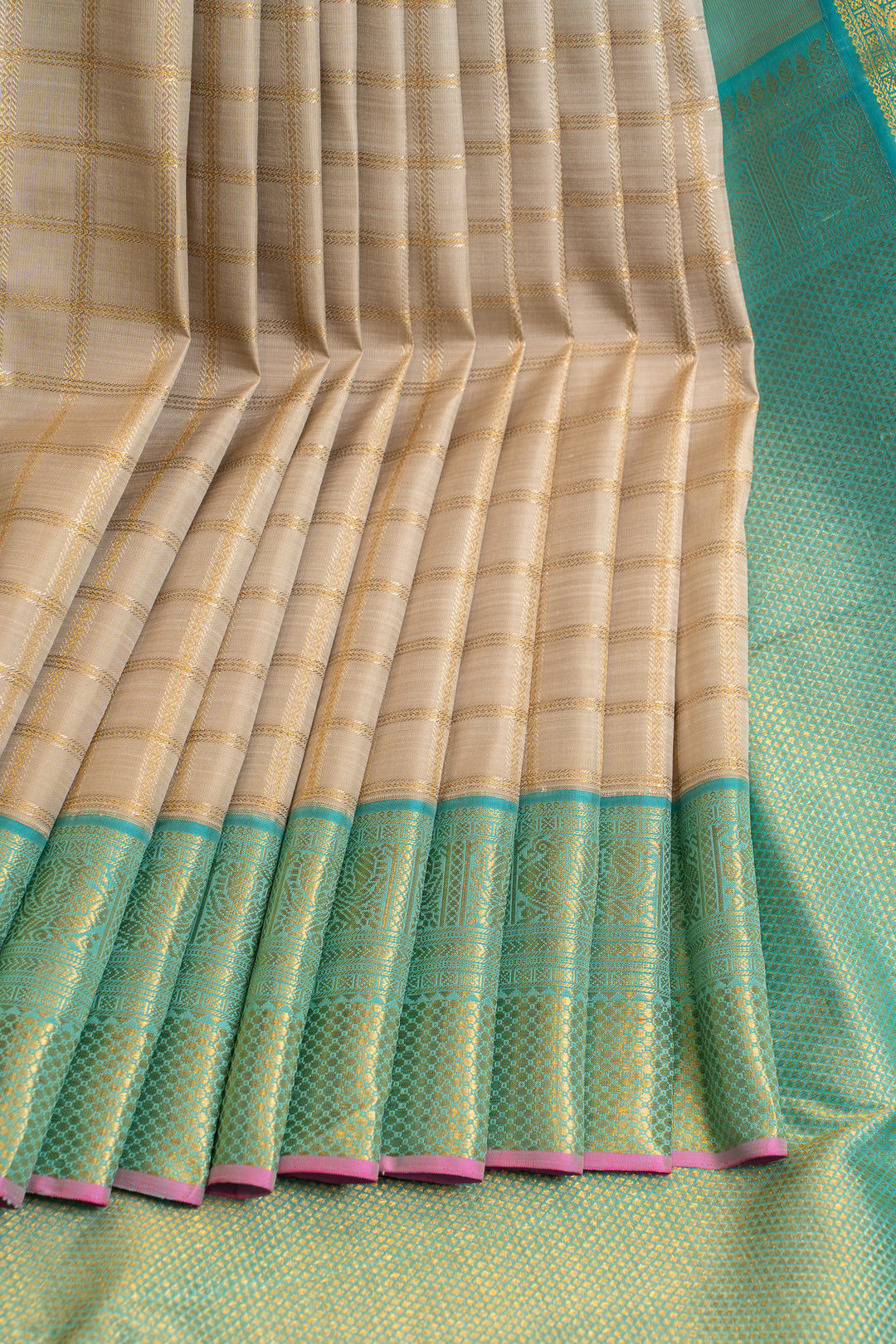 Grey checks and turquoise blue pure zari Kanchipuram silk saree