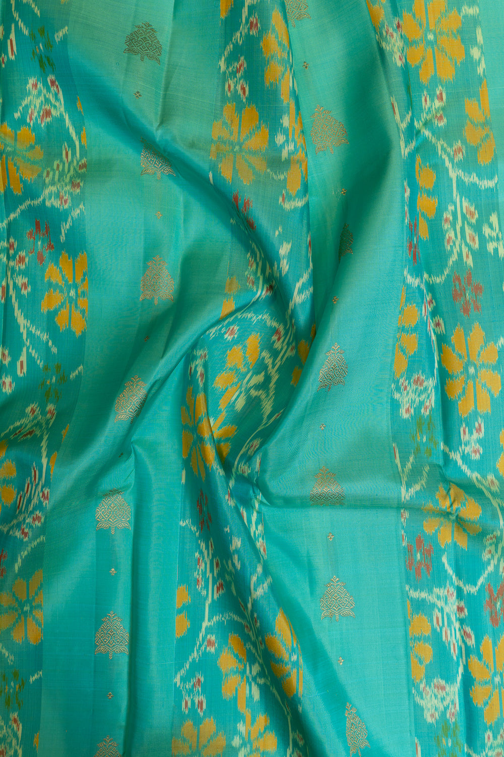 Peacock blue and peach ikat kanjivaram pure silk saree