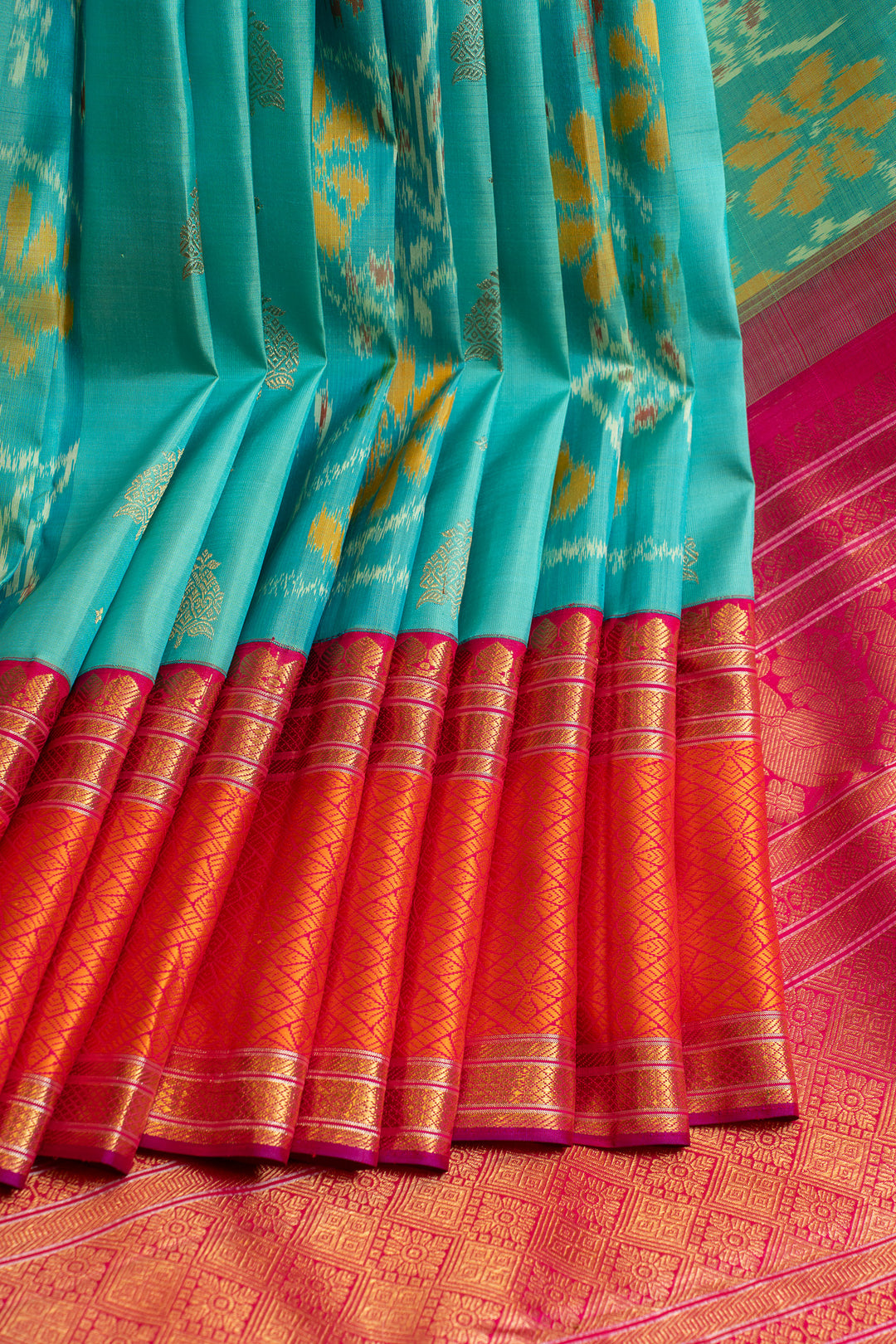Peacock blue and peach ikat kanjivaram pure silk saree