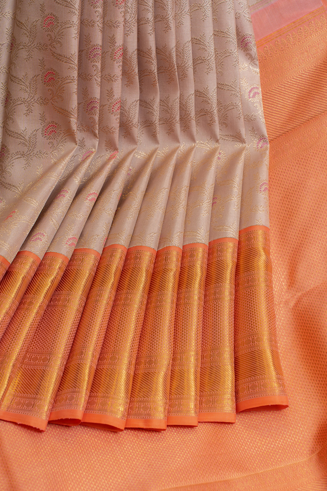 Light pink and peach floral brocade pure Kanchipuram silk saree