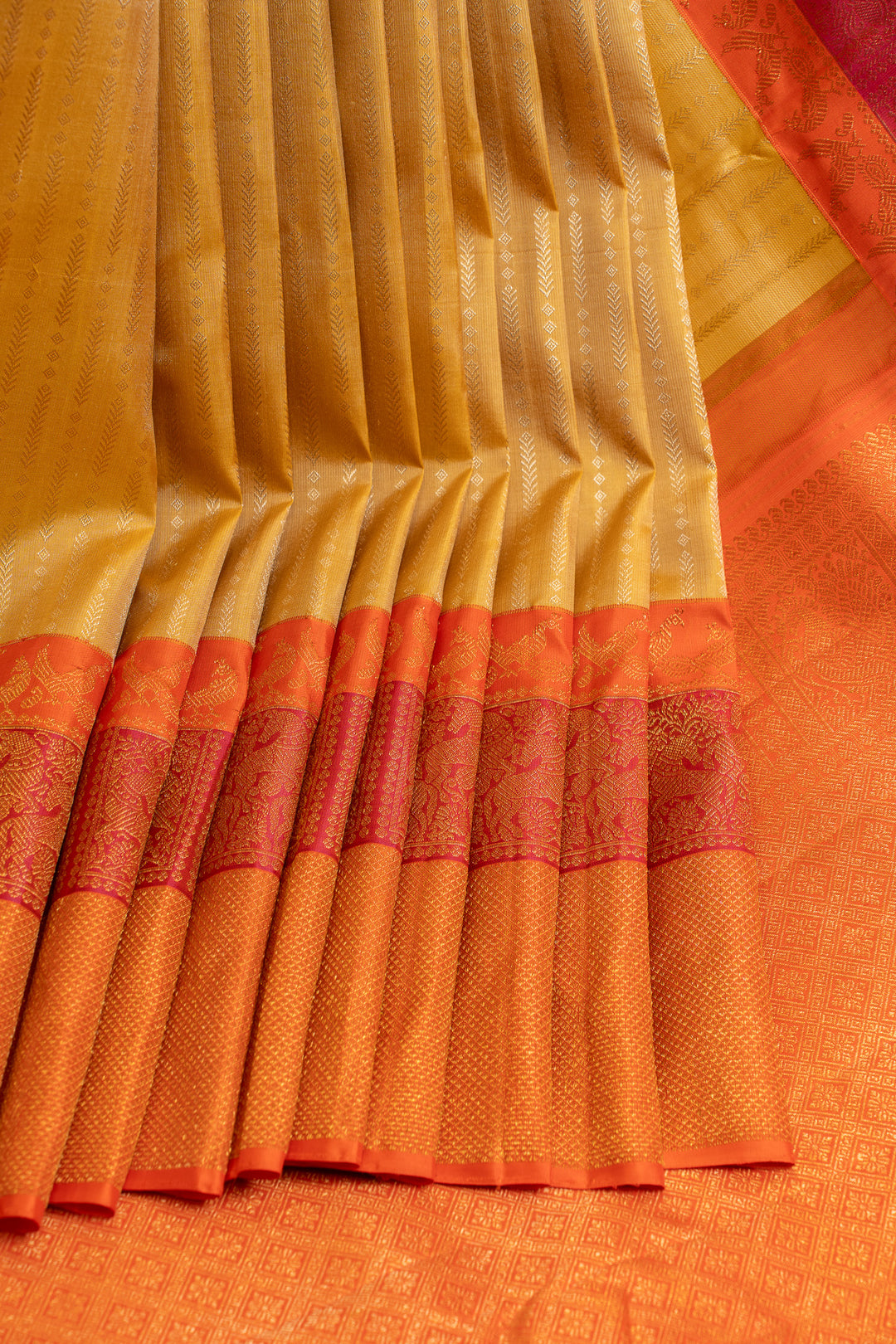 Sandal yellow and peach stripes pure Kanchipuram silk saree