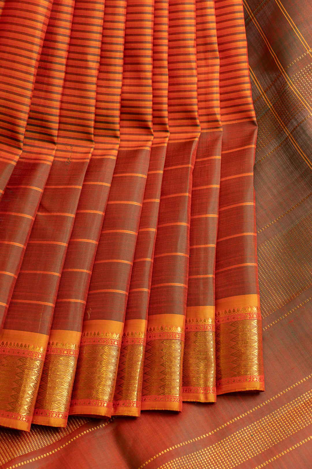 Rust orange stripes pure Kanchipuram silk saree