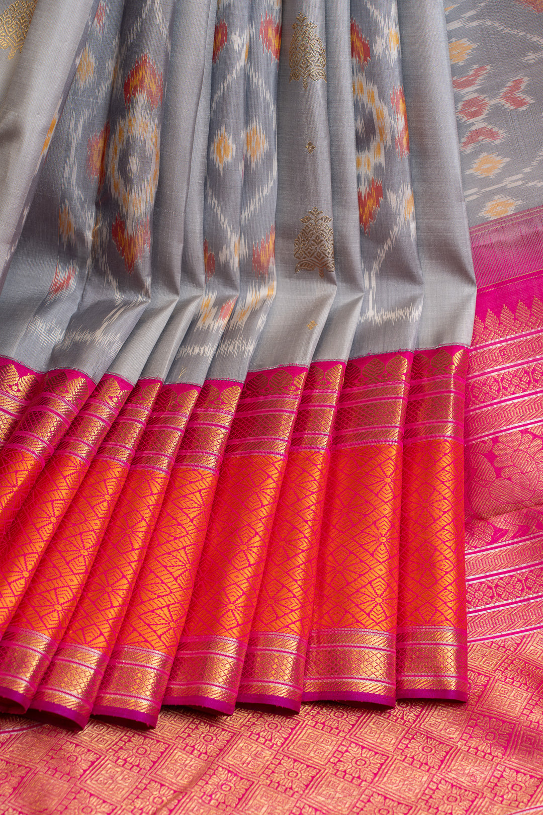Grey ikat and peach ikat  Kanchipuram pure silk saree