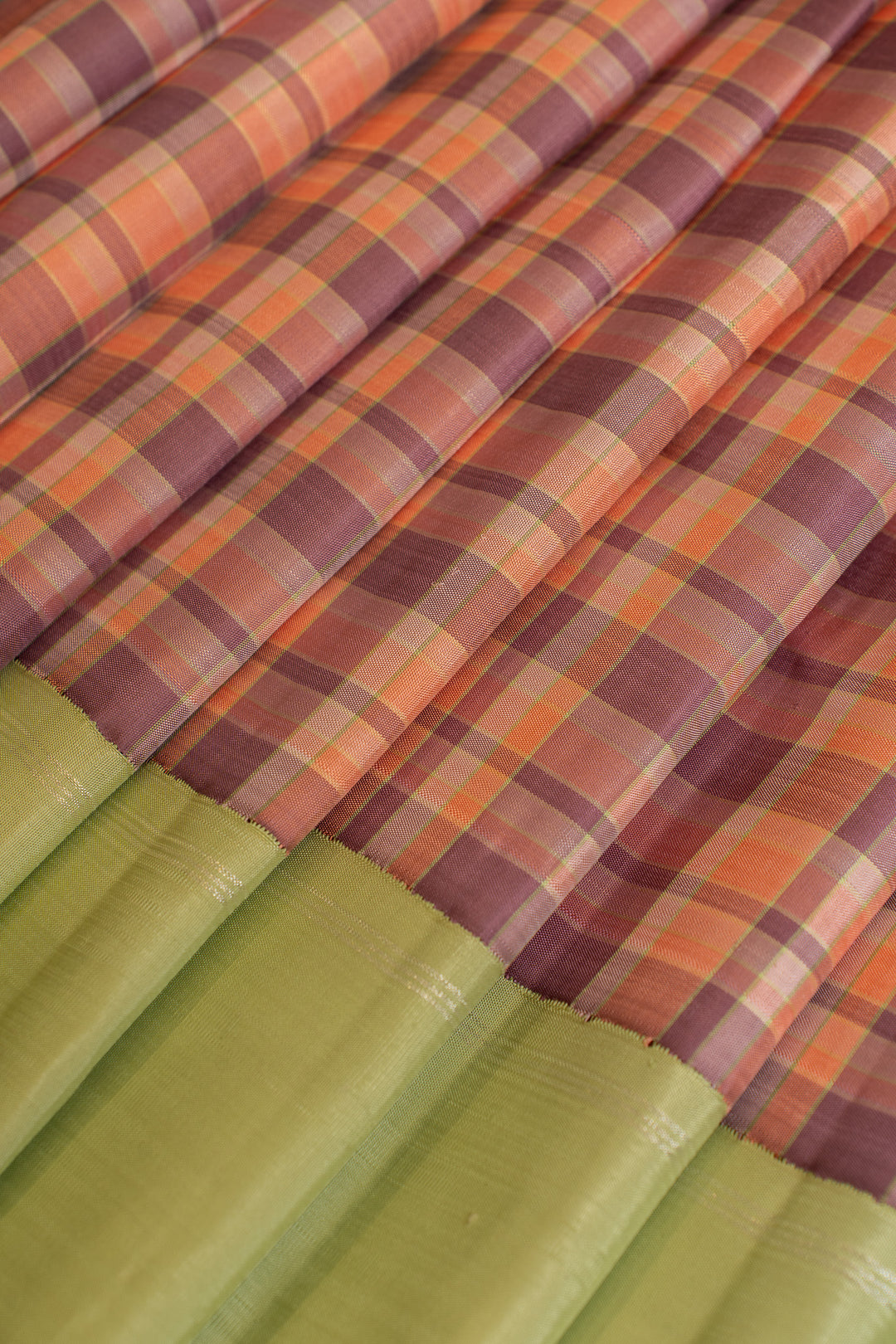 Purple and peach multi checks pure Kanchipuram silk saree
