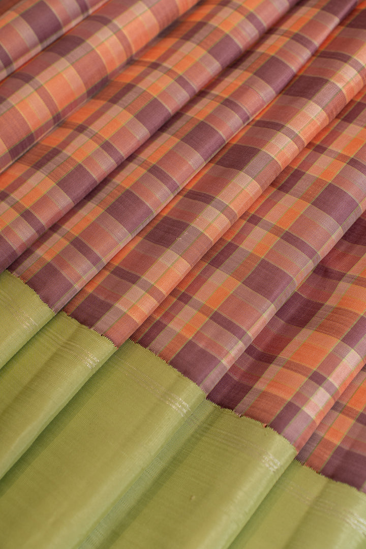 Purple and peach multi checks pure Kanchipuram silk saree