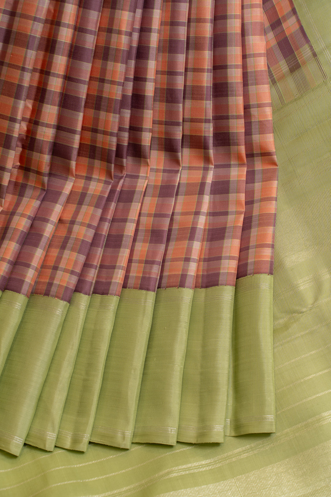 Purple and peach multi checks pure Kanchipuram silk saree