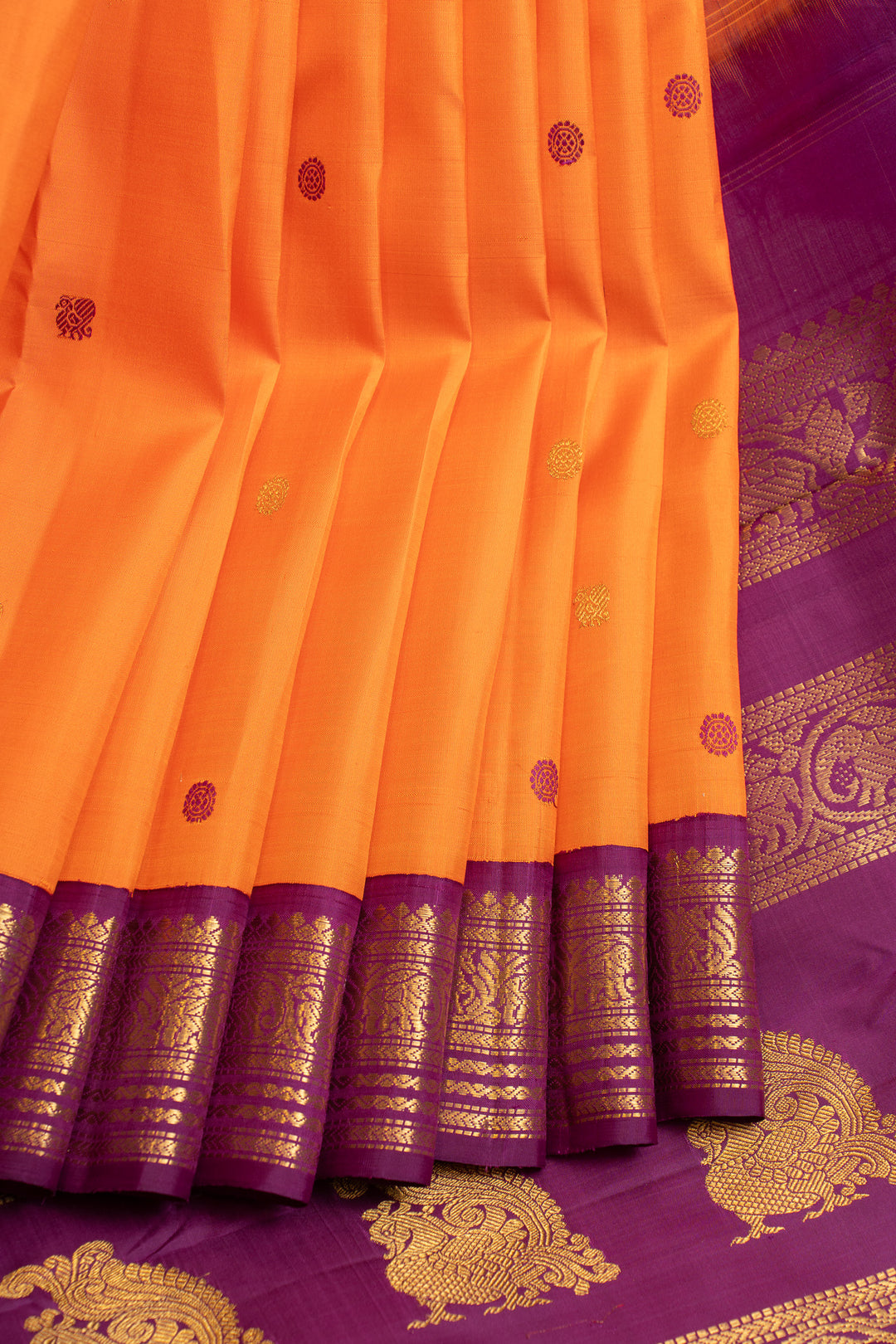 Orange and purple traditional pure Kanchipuram silk saree