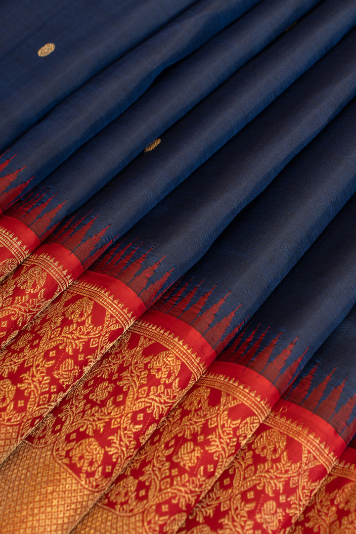 Dark blue and red turning border pure Kanchipuram silk saree