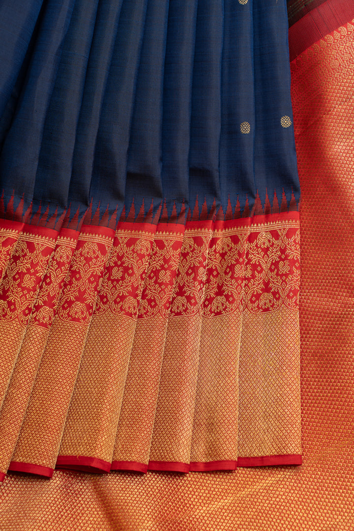Dark blue and red turning border pure Kanchipuram silk saree