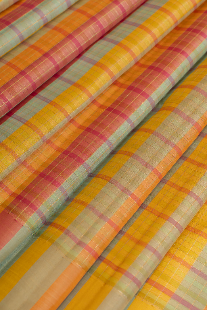 Pastel multi checks pure Kanchipuram silk saree
