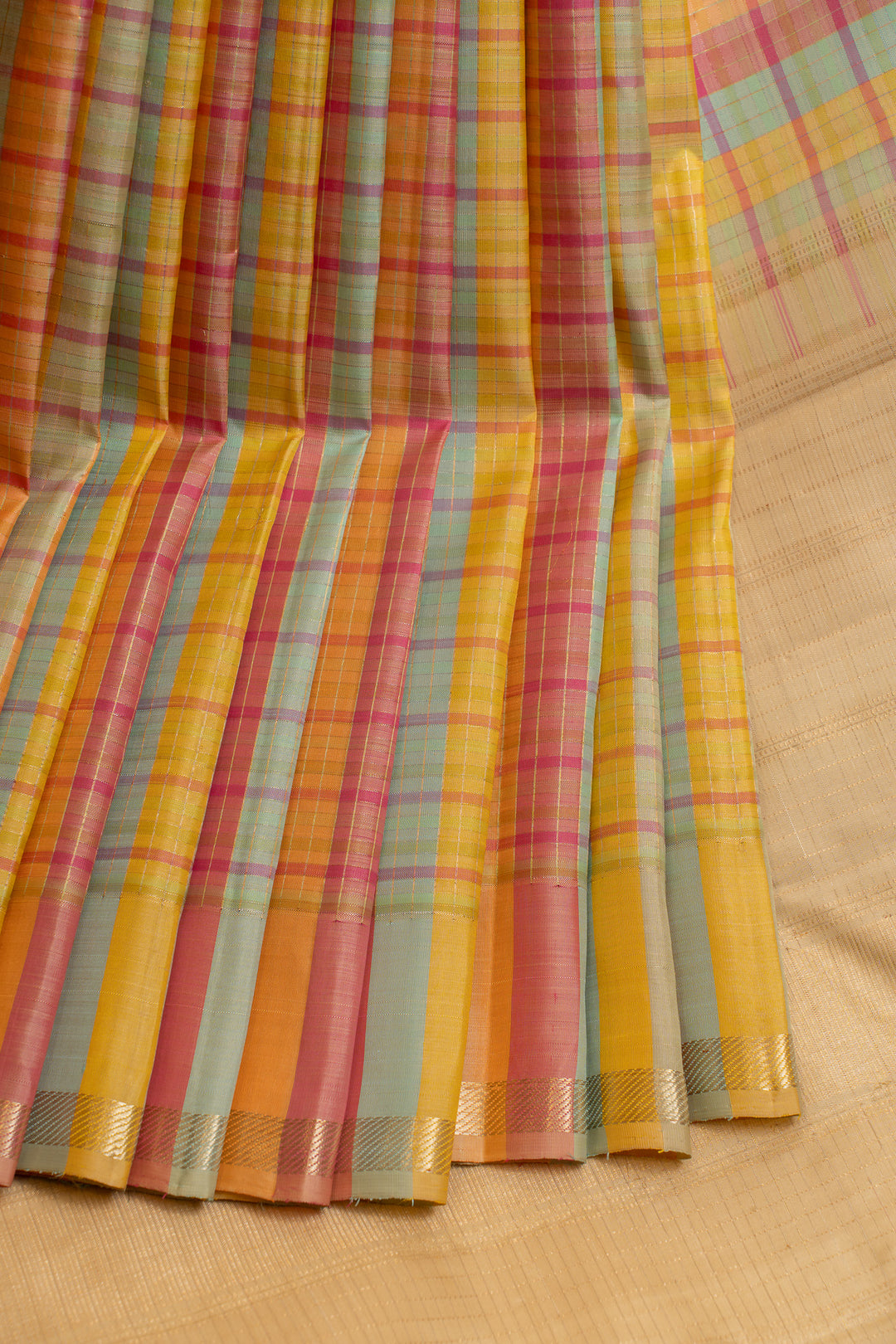 Pastel multi checks pure Kanchipuram silk saree