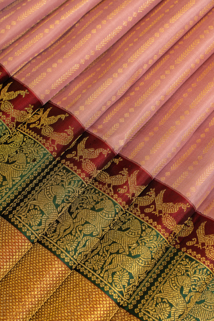 Mauve pink and Maroon turning border pure Kanchipuram silk saree