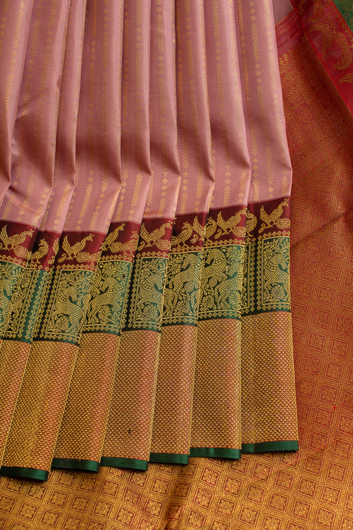 Mauve pink and Maroon turning border pure Kanchipuram silk saree