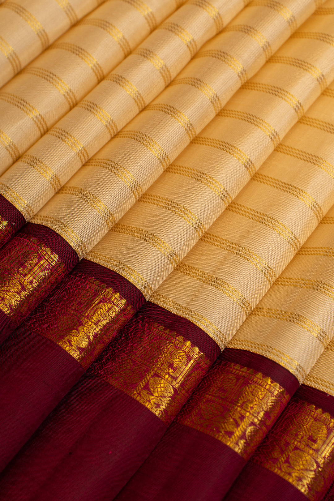 Cream and magenta zari stripes pure Kanchipuram silk saree