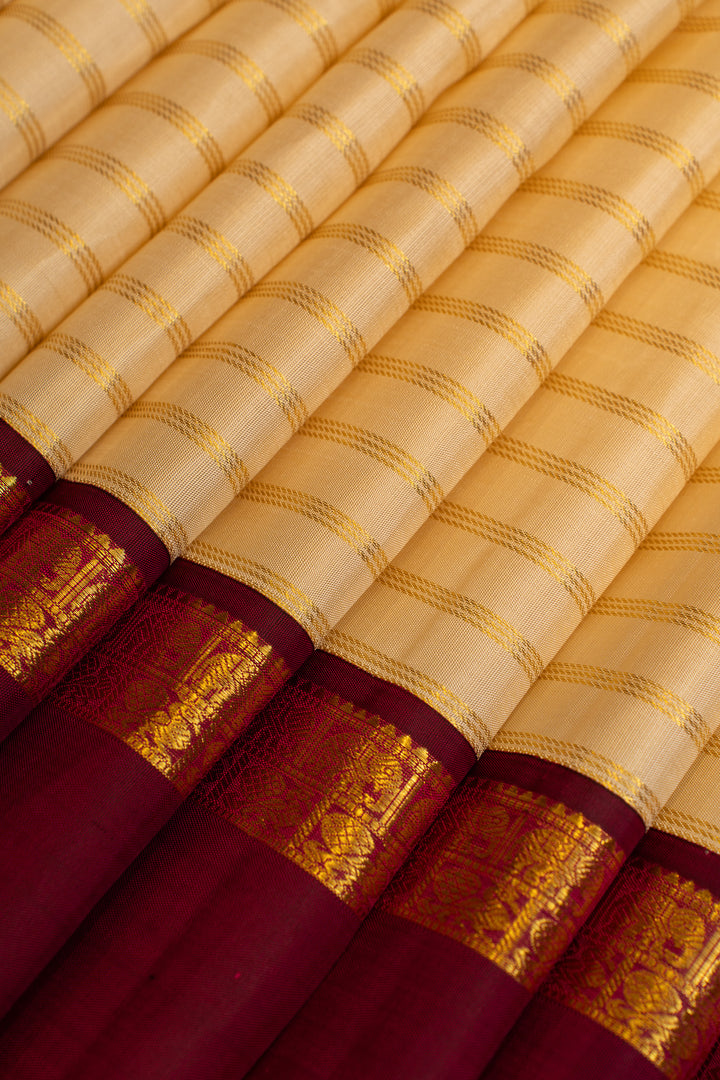 Cream and magenta zari stripes pure Kanchipuram silk saree