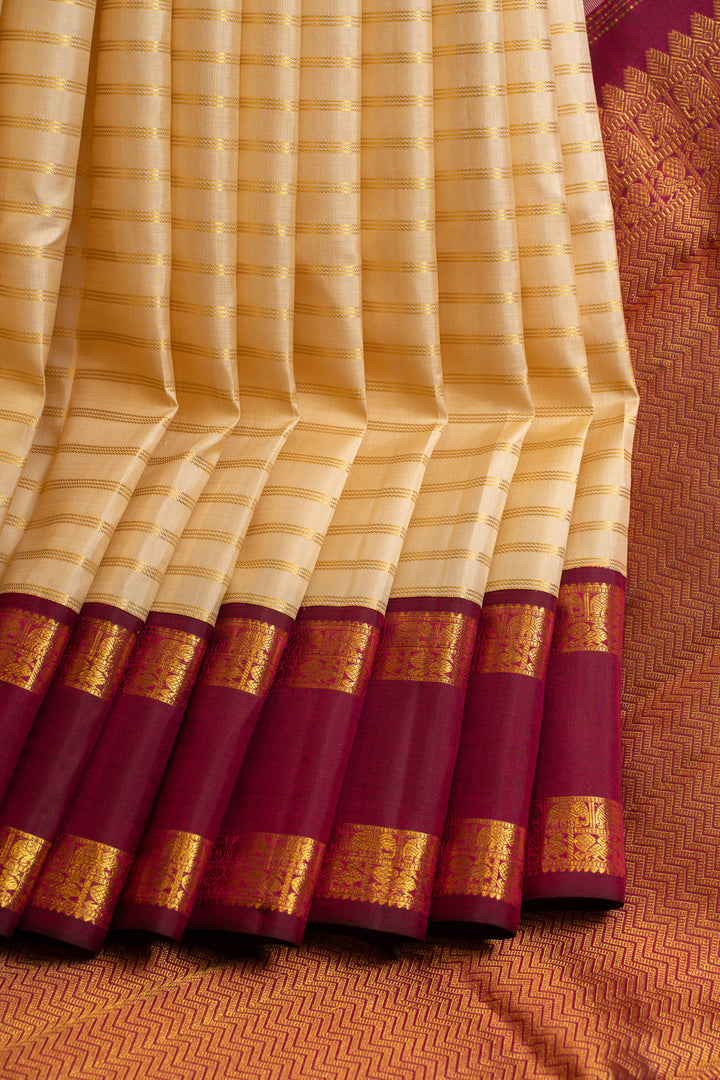 Cream and magenta zari stripes pure Kanchipuram silk saree