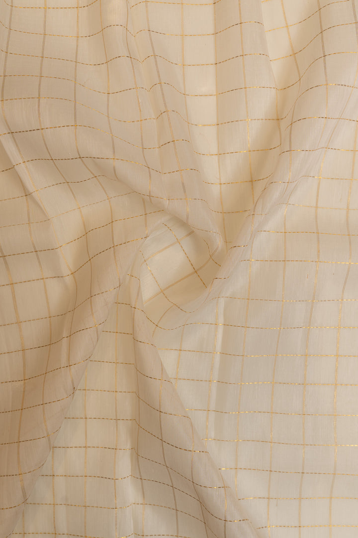 Ivory and mustard checks pure linen Kanchipuram silk saree