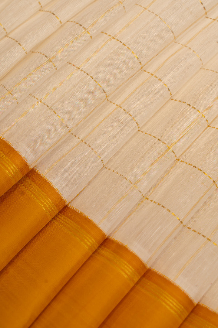 Ivory and mustard checks pure linen Kanchipuram silk saree